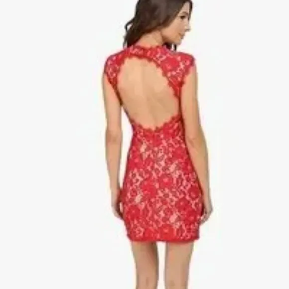 Aidan Mattox Red Lace Illusion Cocktail Mini Dress Size 8 Formal Event Night NYE