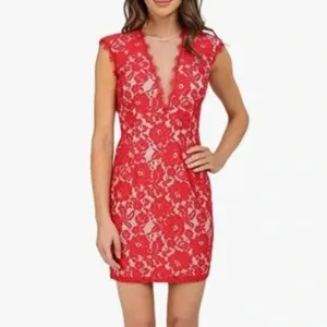Aidan Mattox Red Lace Illusion Cocktail Mini Dress Size 8 Formal Event Night NYE