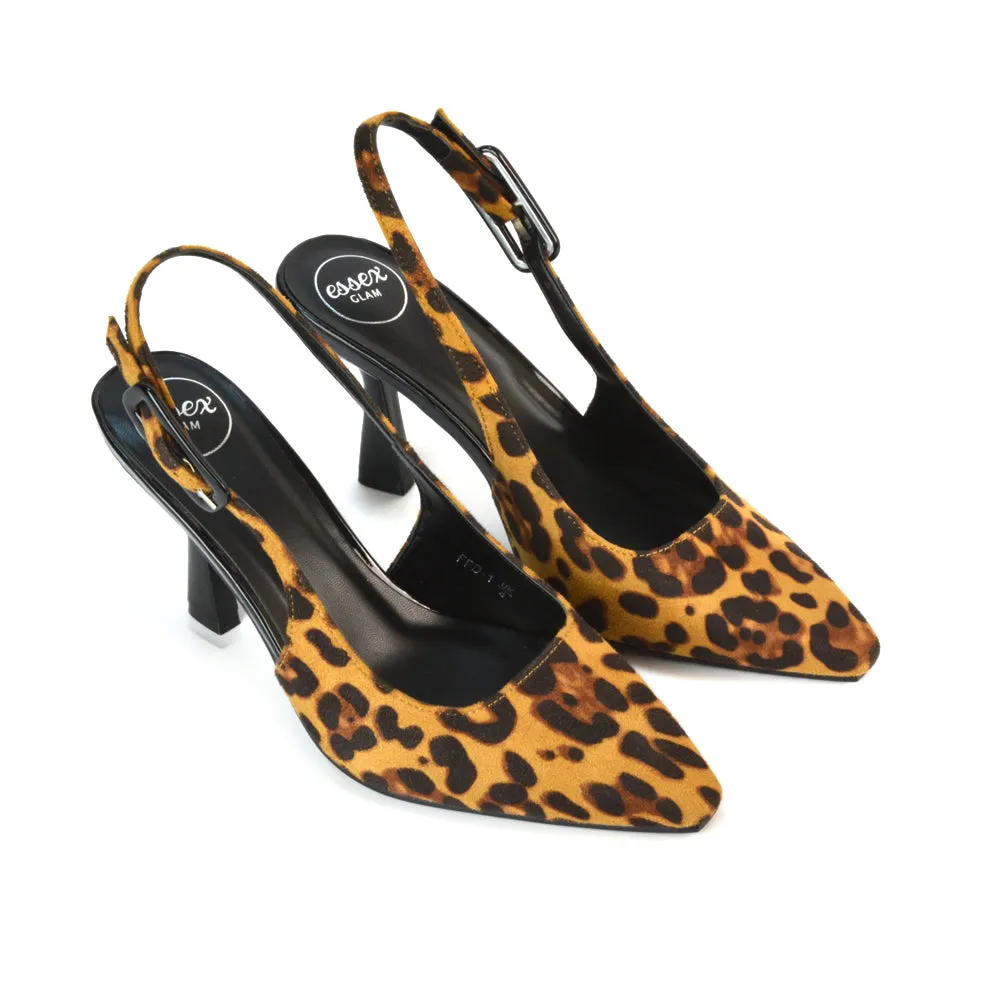 Betty Slingback Stiletto High Heel Pointed Toe Shoes in Leopard Faux Suede