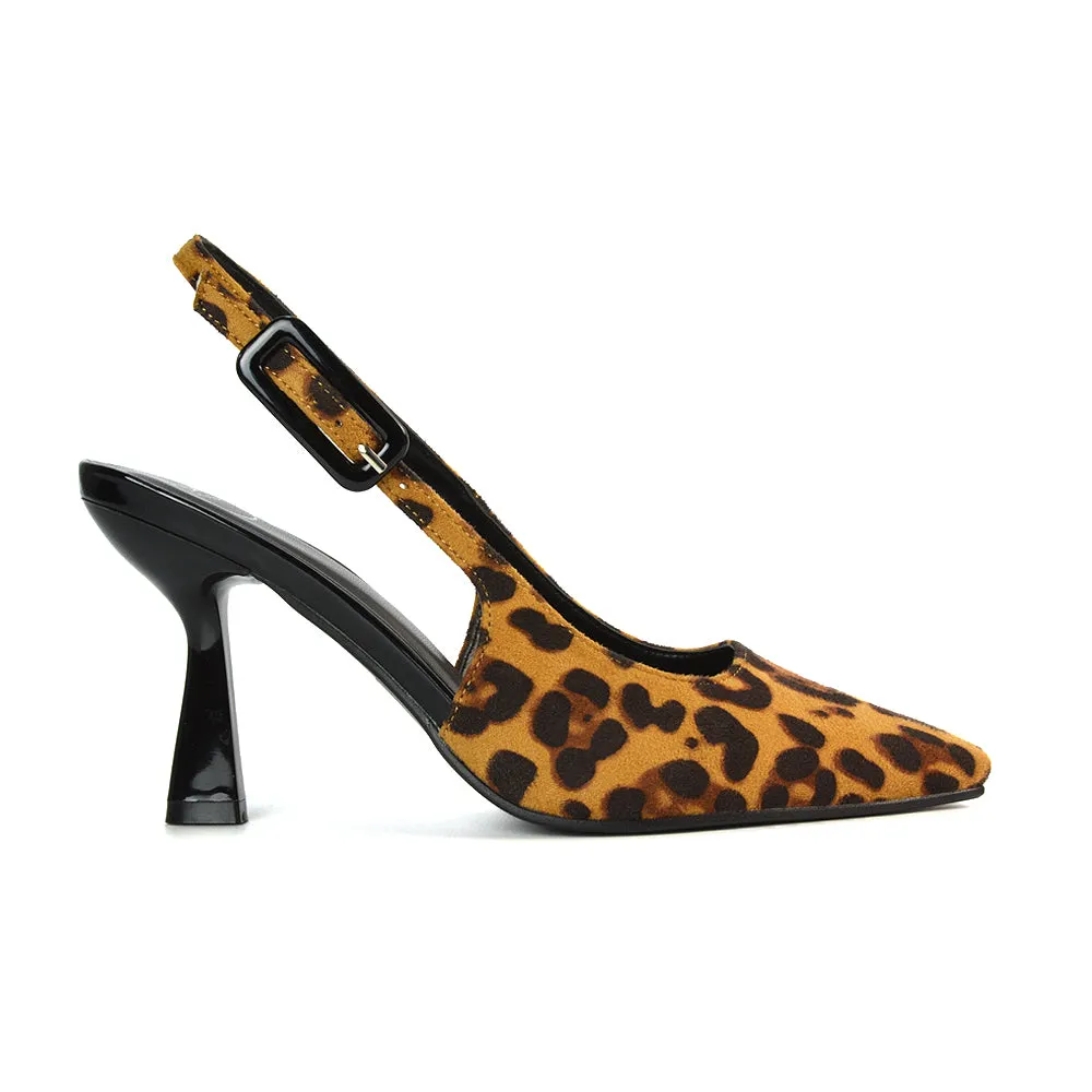 Betty Slingback Stiletto High Heel Pointed Toe Shoes in Leopard Faux Suede