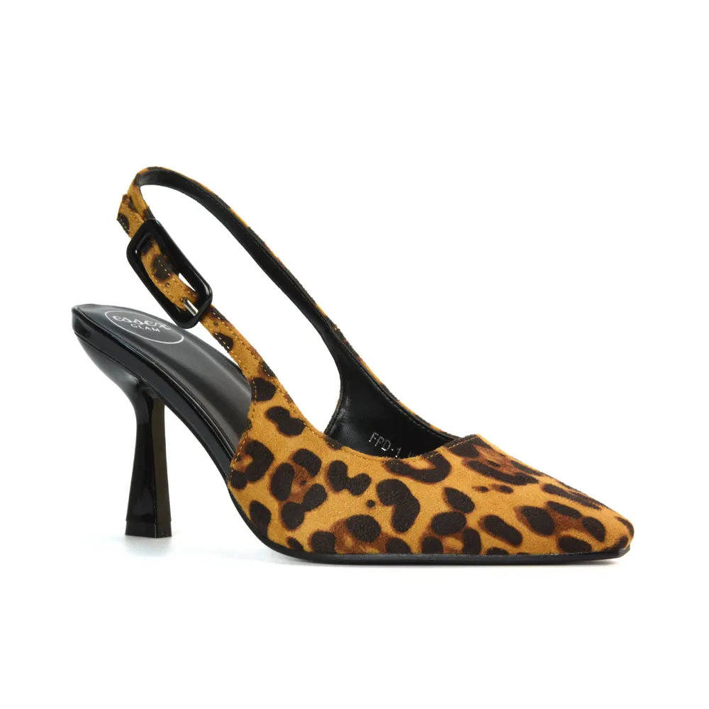 Betty Slingback Stiletto High Heel Pointed Toe Shoes in Leopard Faux Suede