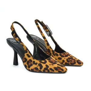 Betty Slingback Stiletto High Heel Pointed Toe Shoes in Leopard Faux Suede
