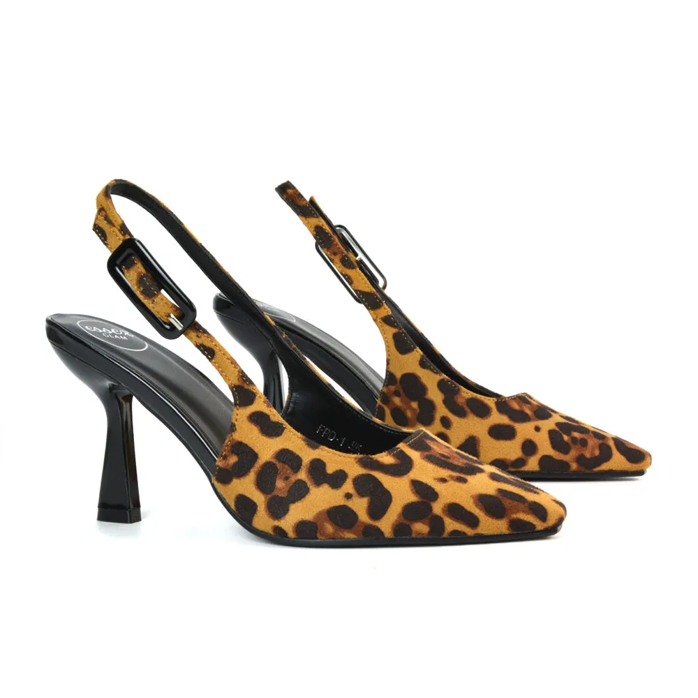 Betty Slingback Stiletto High Heel Pointed Toe Shoes in Leopard Faux Suede