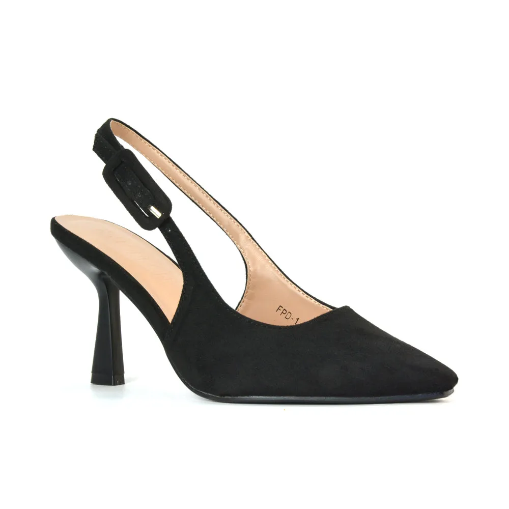 Betty Slingback Stiletto High Heel Pointed Toe Shoes in Navy Faux Suede