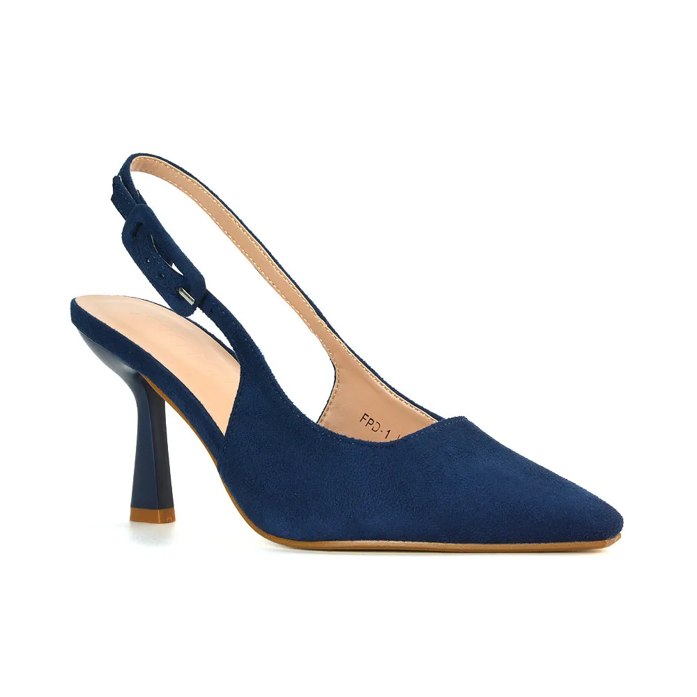 Betty Slingback Stiletto High Heel Pointed Toe Shoes in Navy Faux Suede
