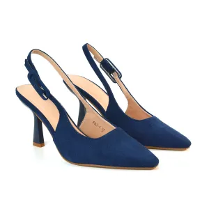 Betty Slingback Stiletto High Heel Pointed Toe Shoes in Navy Faux Suede
