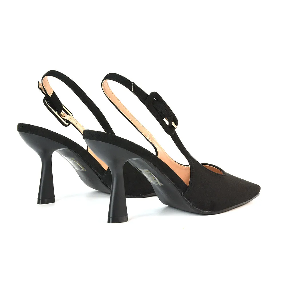 Betty Slingback Stiletto High Heel Pointed Toe Shoes in Navy Faux Suede