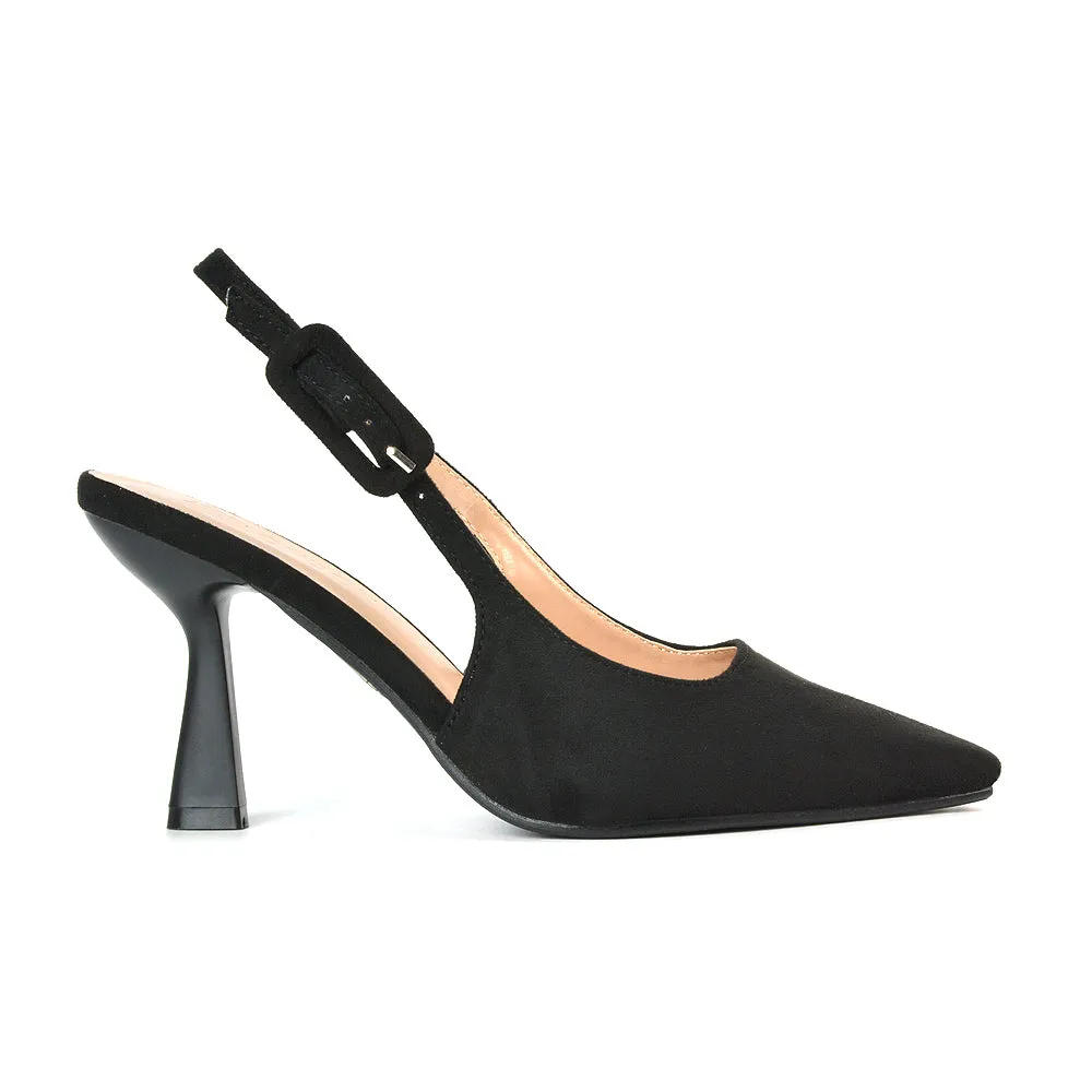 Betty Slingback Stiletto High Heel Pointed Toe Shoes in Navy Faux Suede