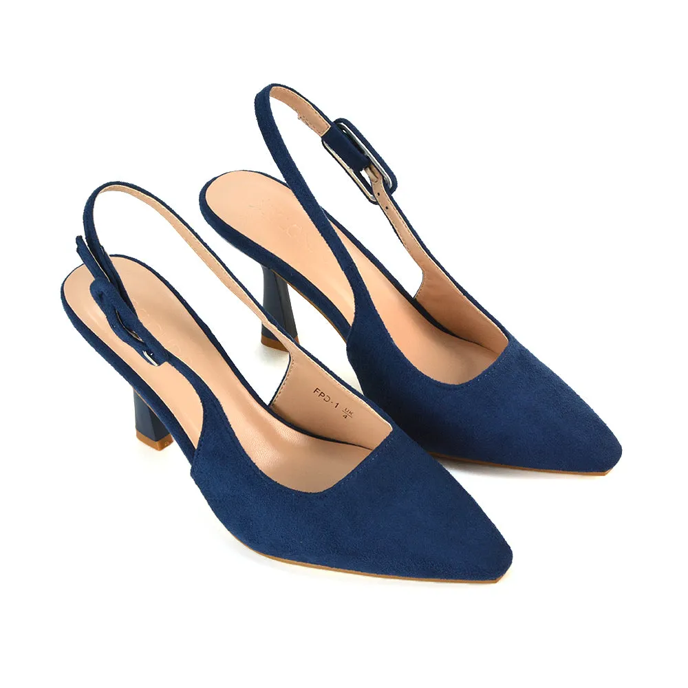 Betty Slingback Stiletto High Heel Pointed Toe Shoes in Navy Faux Suede