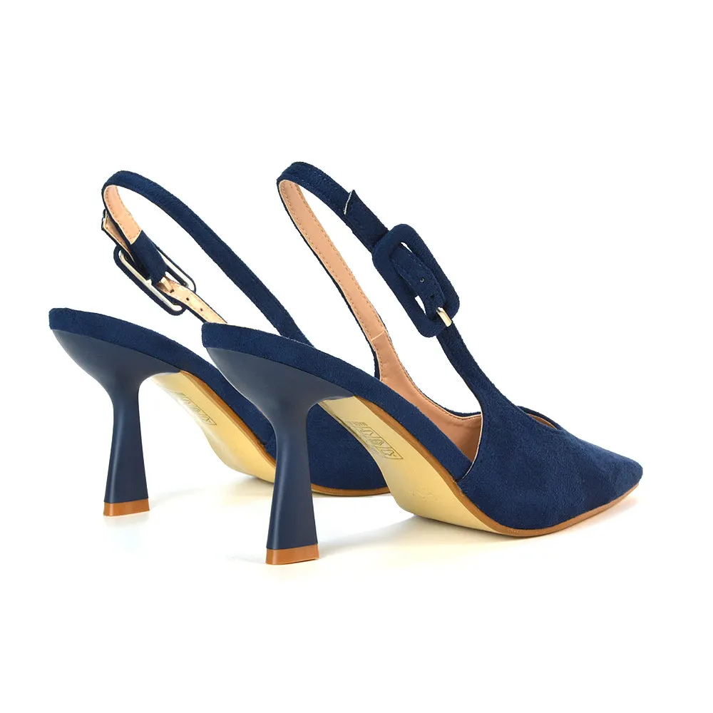 Betty Slingback Stiletto High Heel Pointed Toe Shoes in Navy Faux Suede