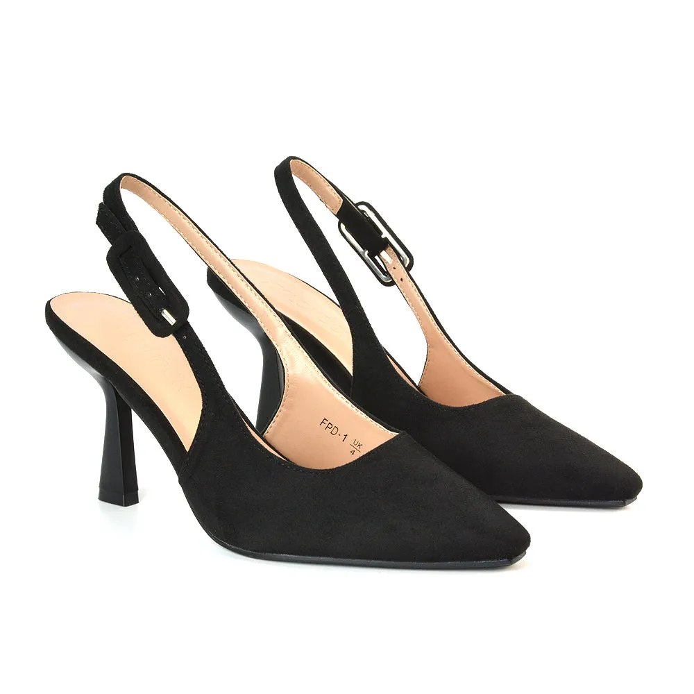 Betty Slingback Stiletto High Heel Pointed Toe Shoes in Navy Faux Suede