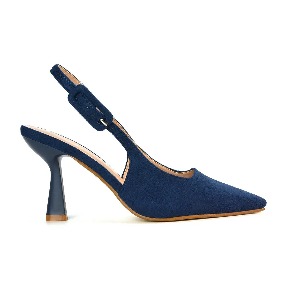 Betty Slingback Stiletto High Heel Pointed Toe Shoes in Navy Faux Suede