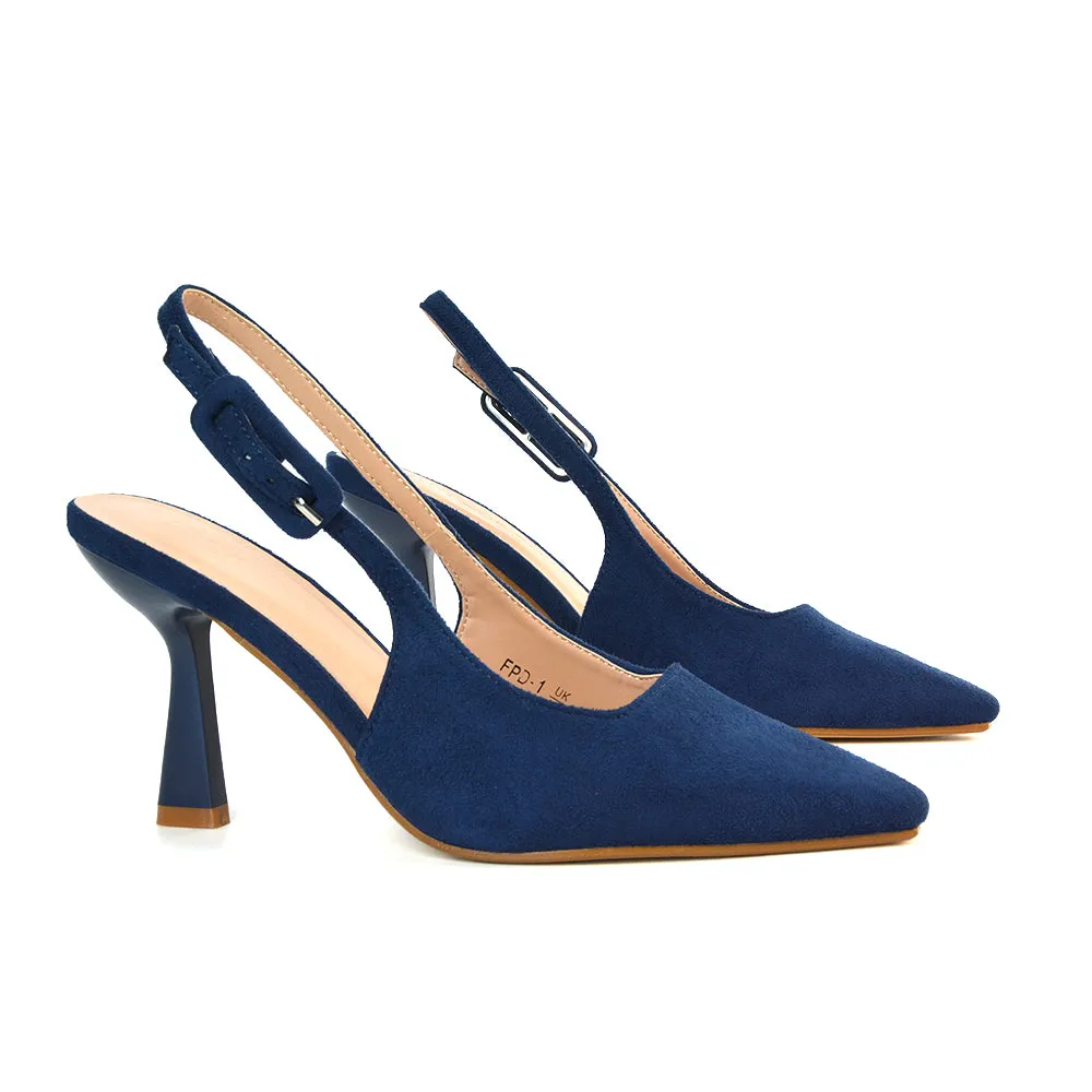 Betty Slingback Stiletto High Heel Pointed Toe Shoes in Navy Faux Suede