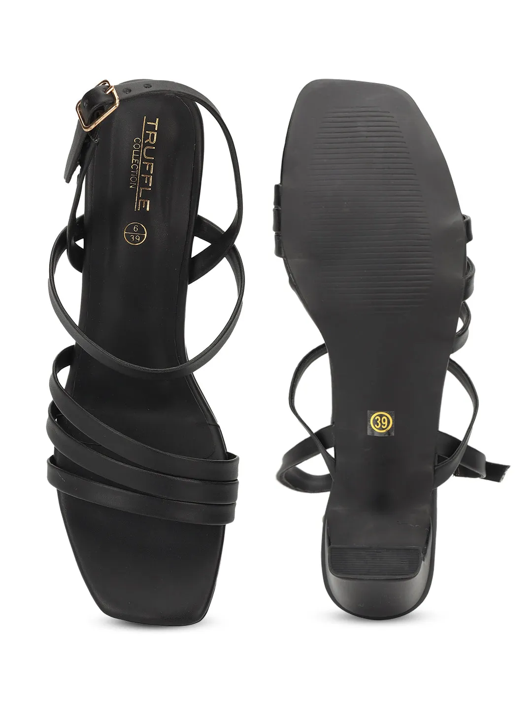 Black PU Stylish Buckle Block Sandals (TC-NK-003-BLK)