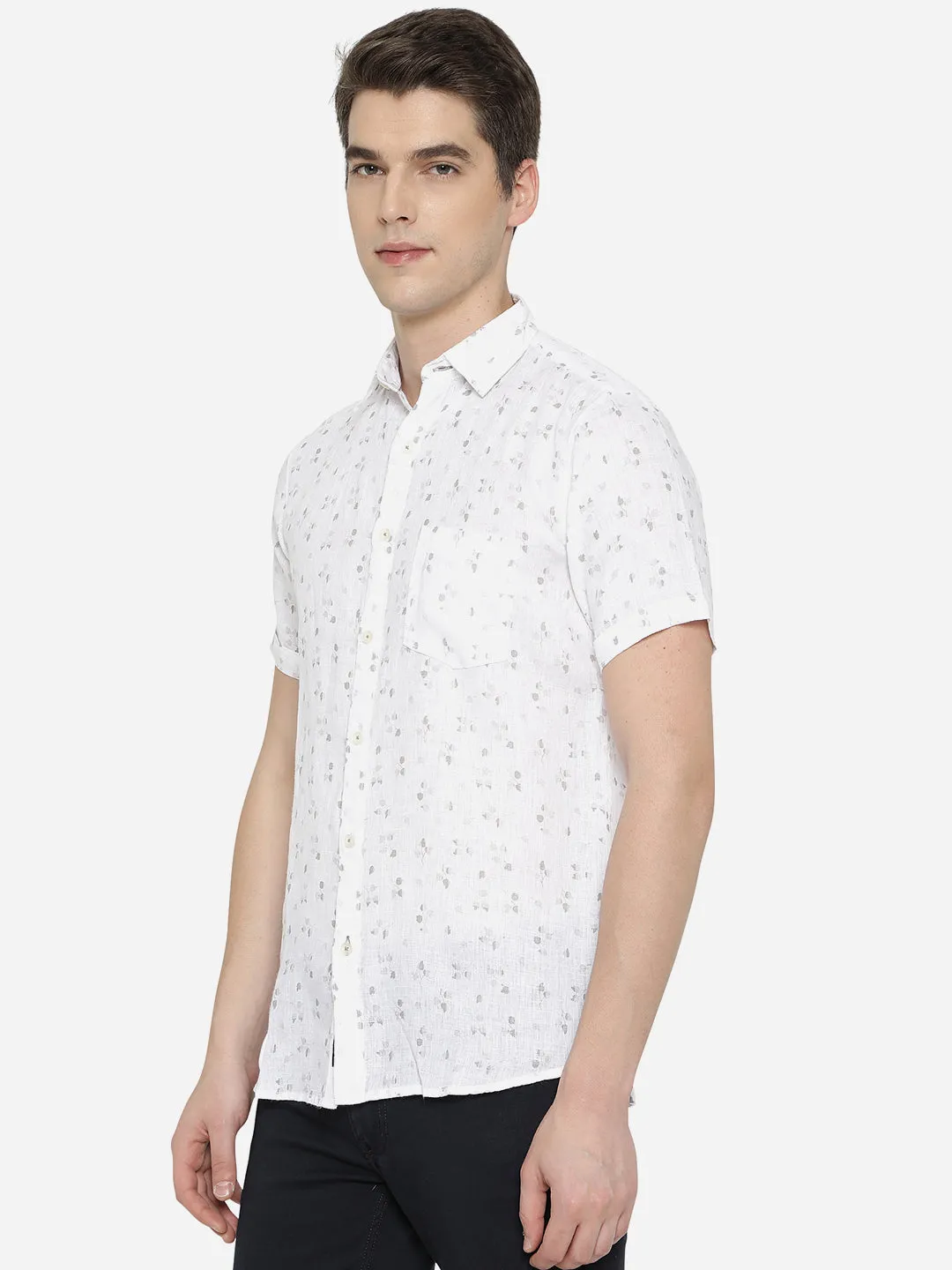 Bright White Printed Slim Fit Semi Casual Shirt | JadeBlue