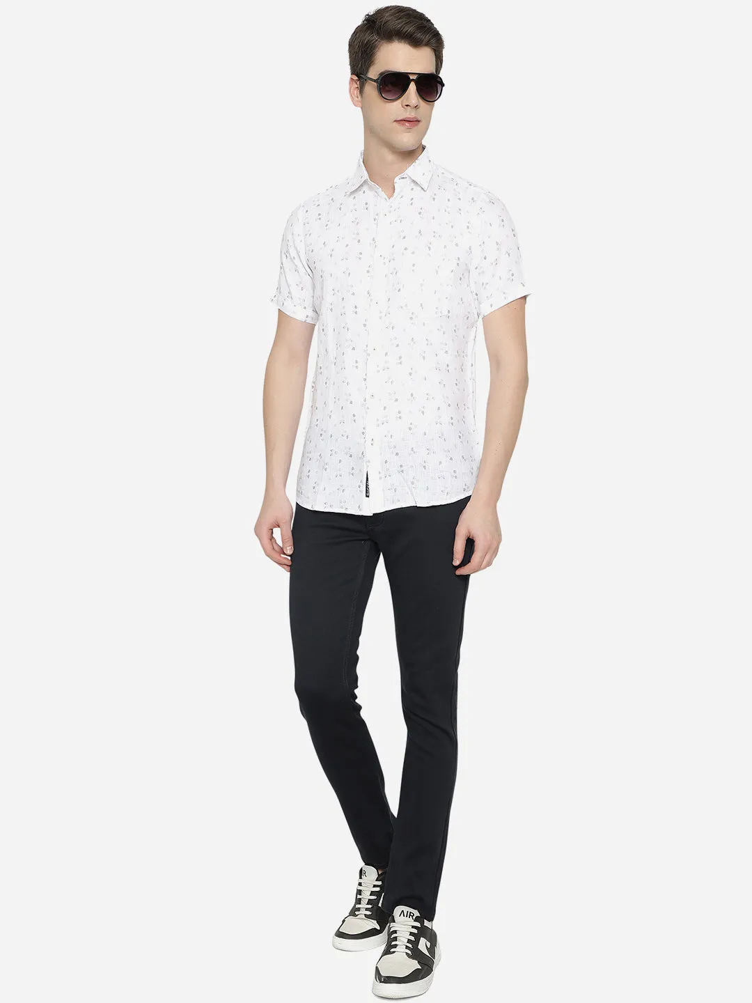 Bright White Printed Slim Fit Semi Casual Shirt | JadeBlue