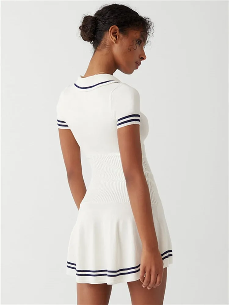 Chic Elastic Waist Pleated Knit Dress with Contrast Collar Design