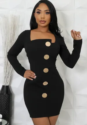 Chic Gold Button Accented Long-Sleeve Bodycon Mini Dress