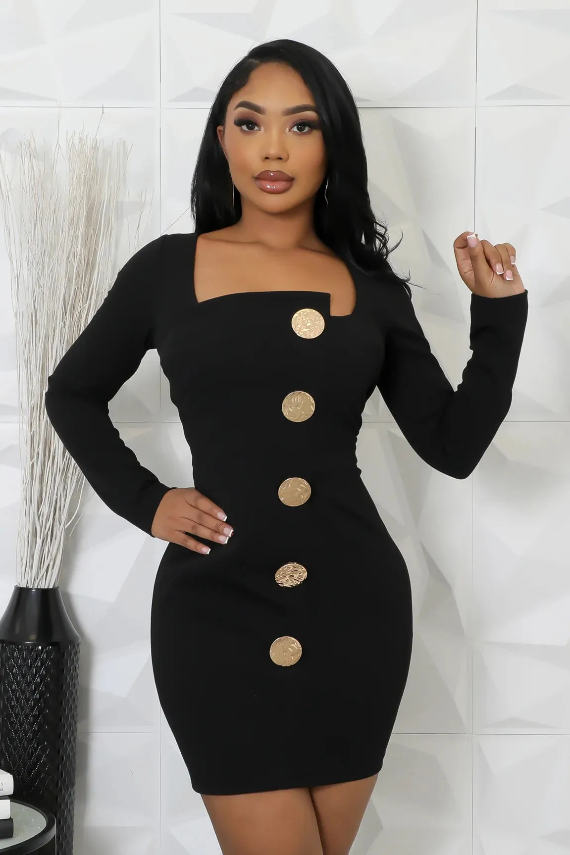 Chic Gold Button Accented Long-Sleeve Bodycon Mini Dress