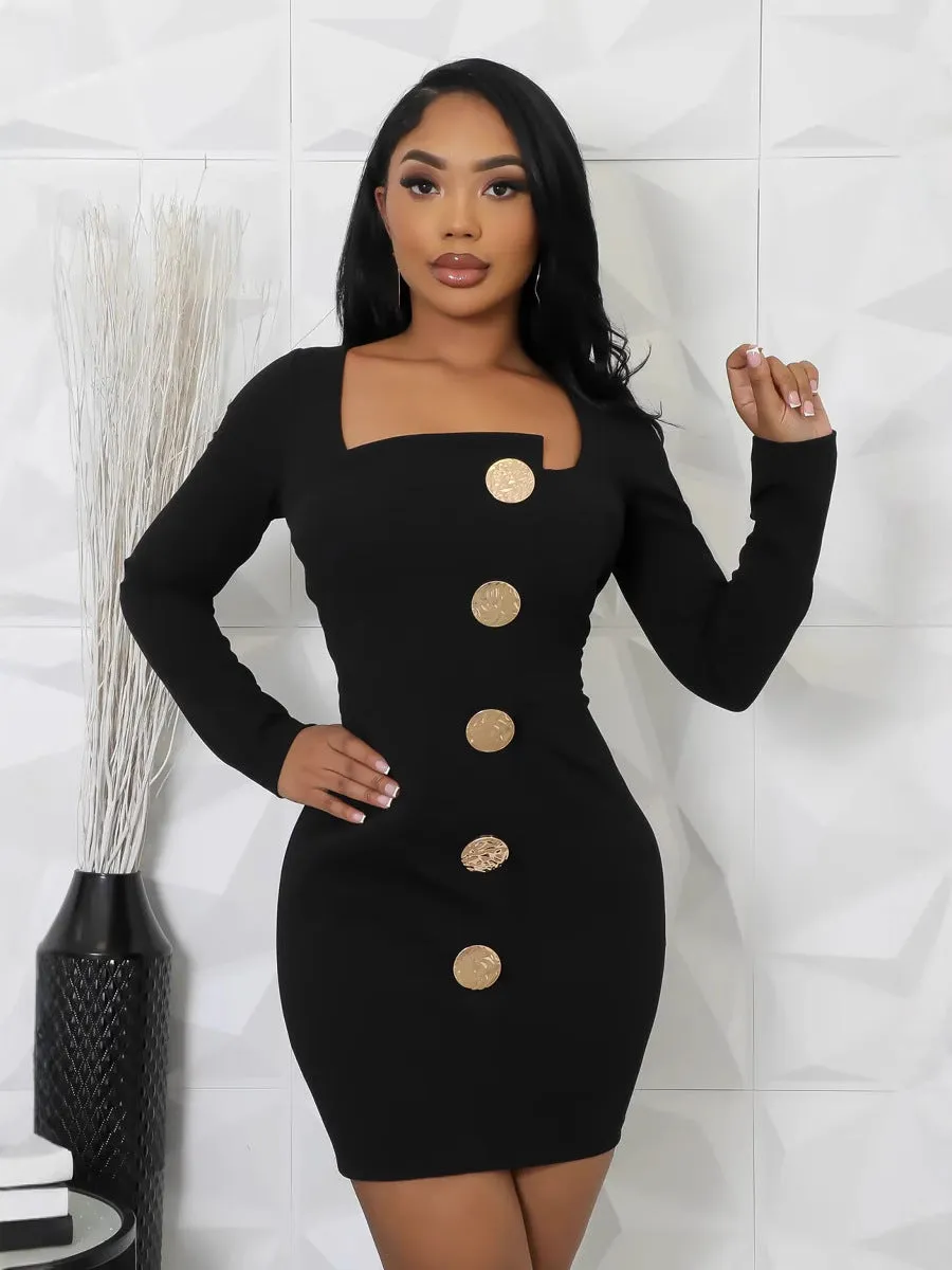 Chic Gold Button Accented Long-Sleeve Bodycon Mini Dress