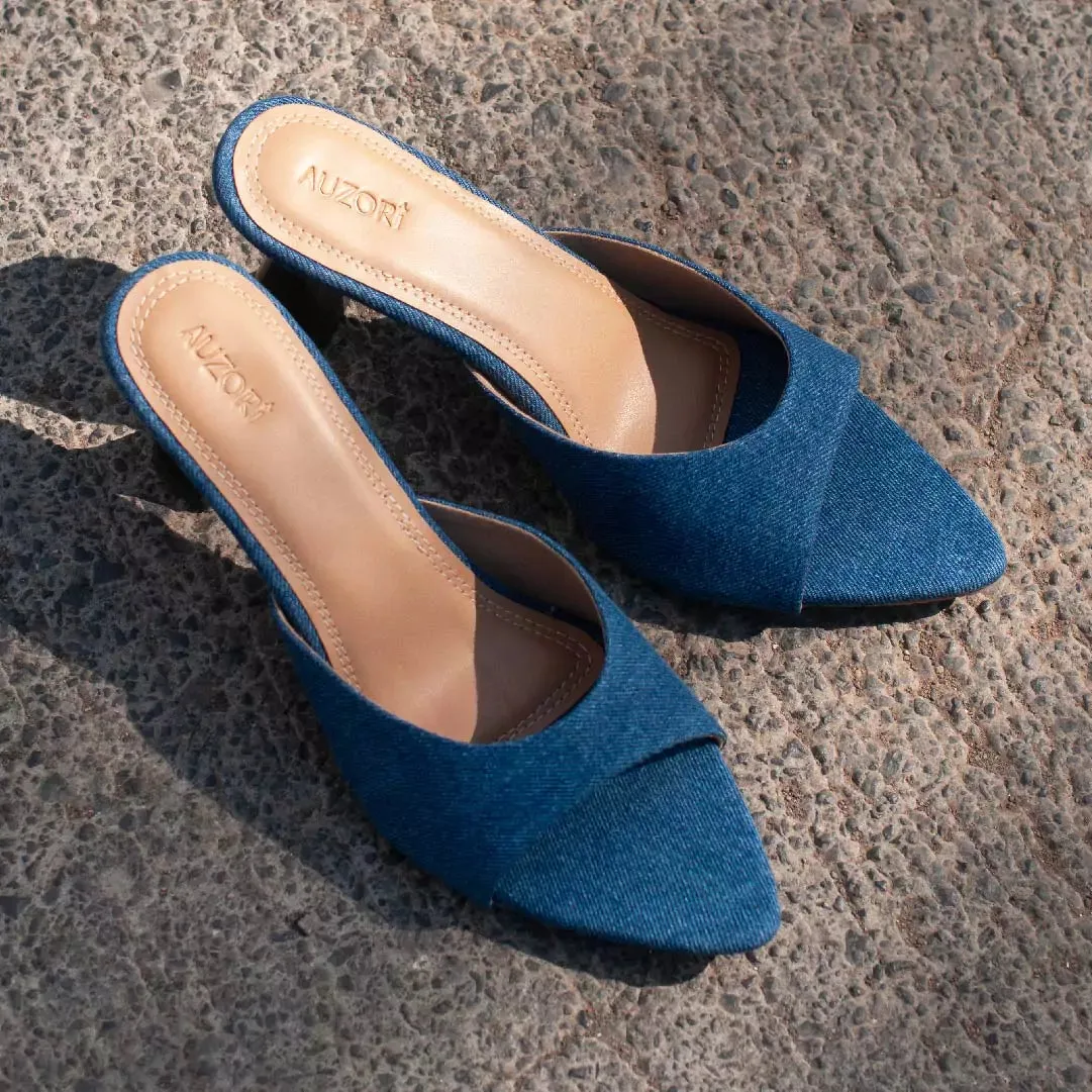 Denim Pointed Toe Kitten Heels