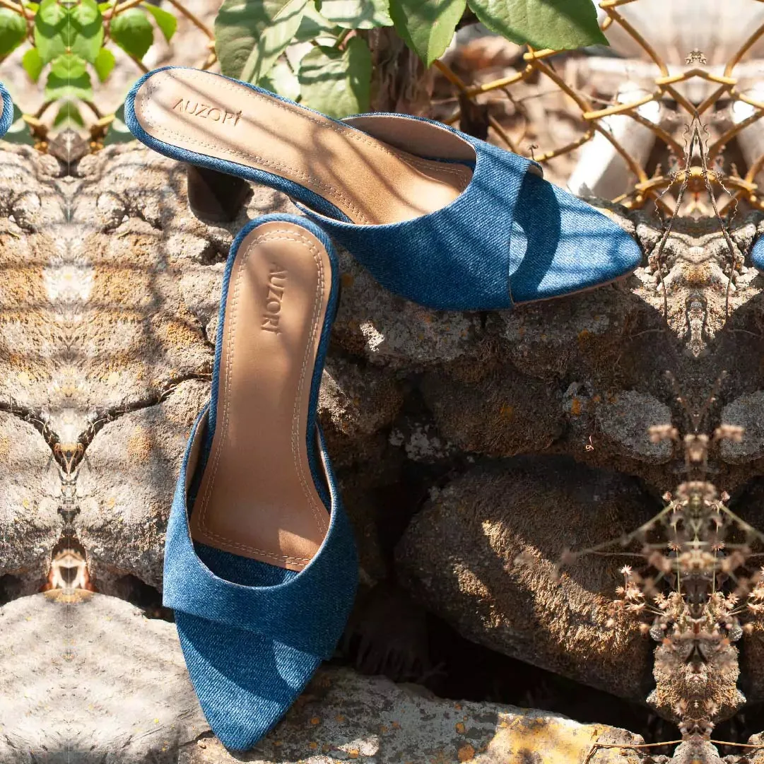 Denim Pointed Toe Kitten Heels