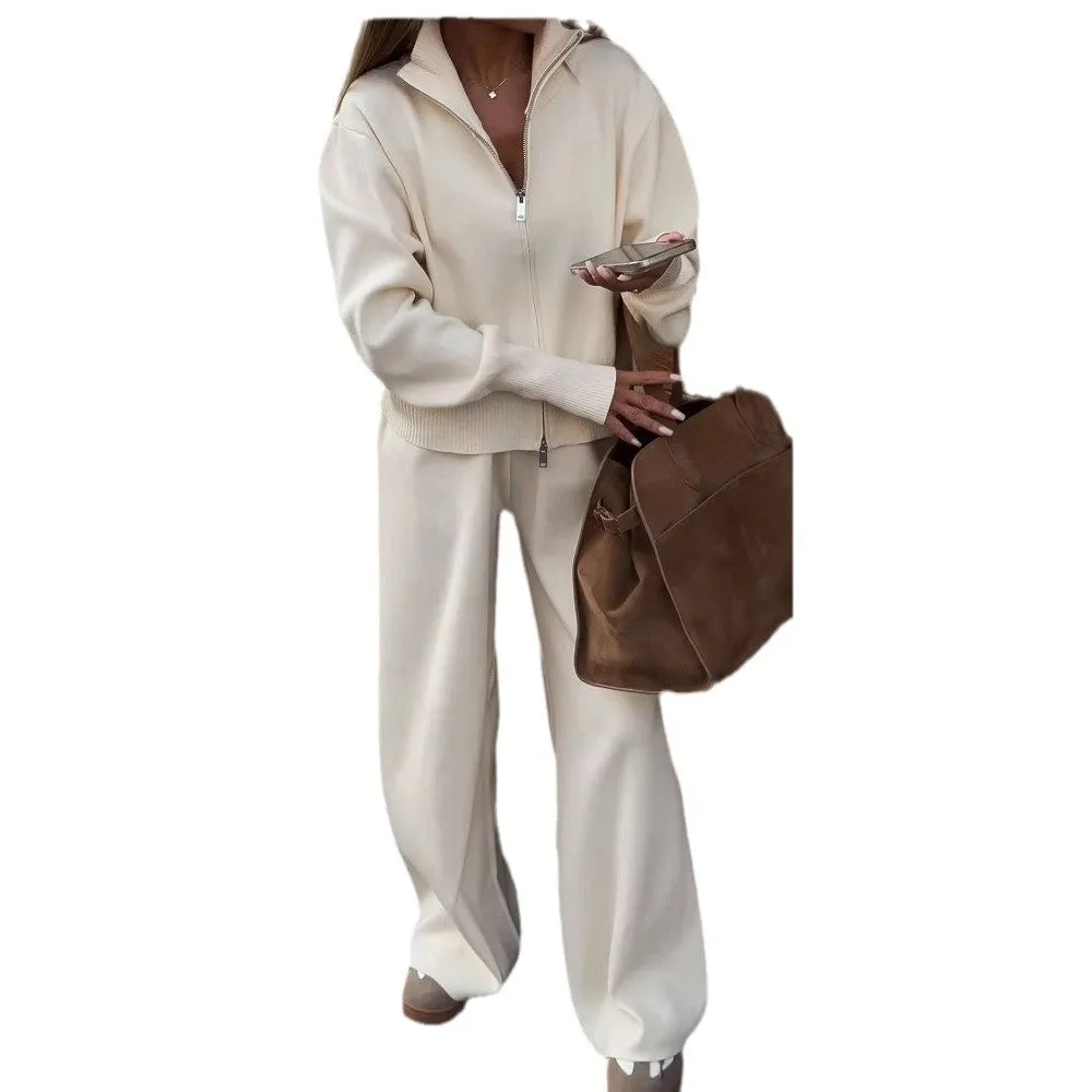 Effortlessly Stylish Zippered Top and Wide-Leg Pants Two-Piece Set