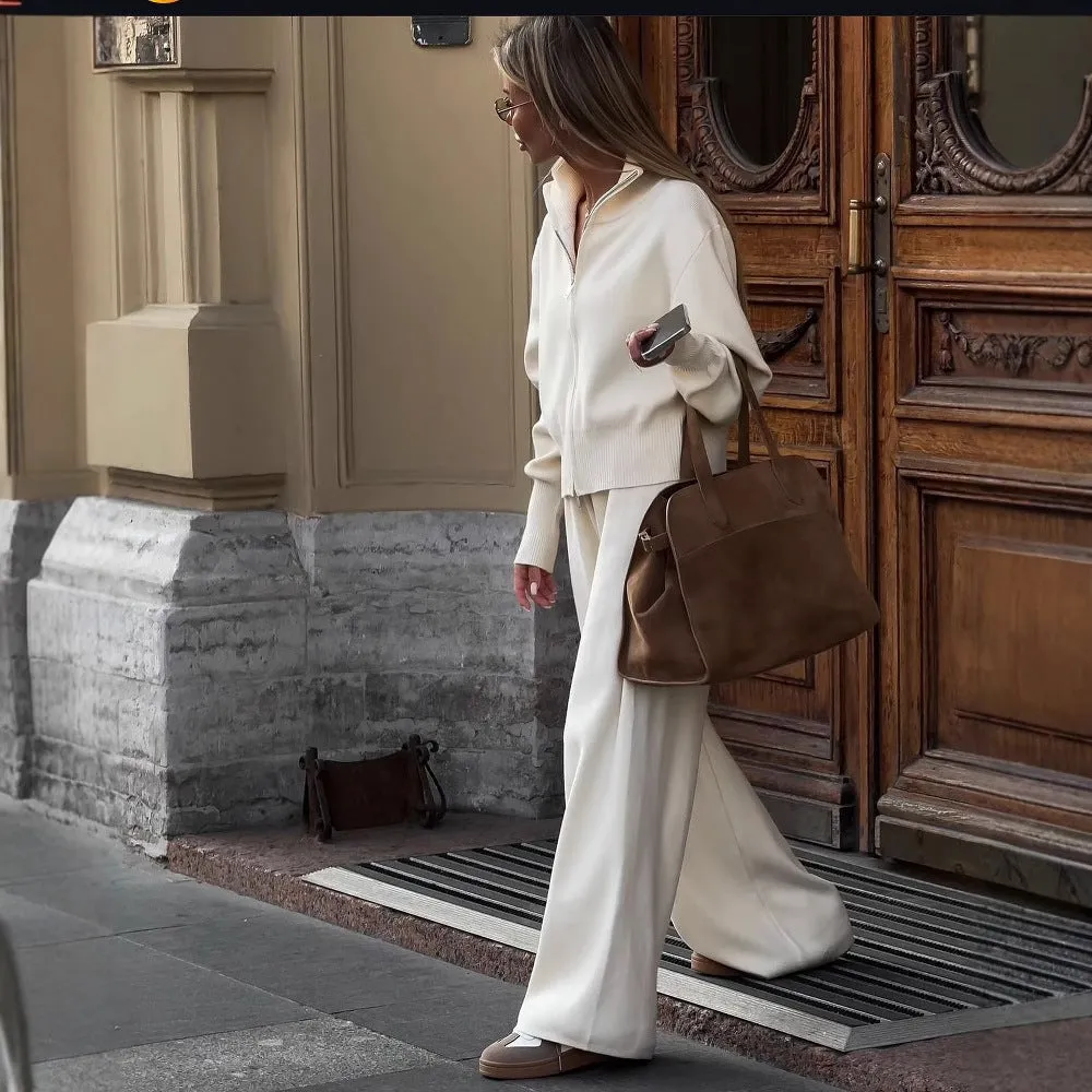 Effortlessly Stylish Zippered Top and Wide-Leg Pants Two-Piece Set
