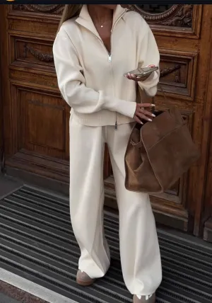 Effortlessly Stylish Zippered Top and Wide-Leg Pants Two-Piece Set