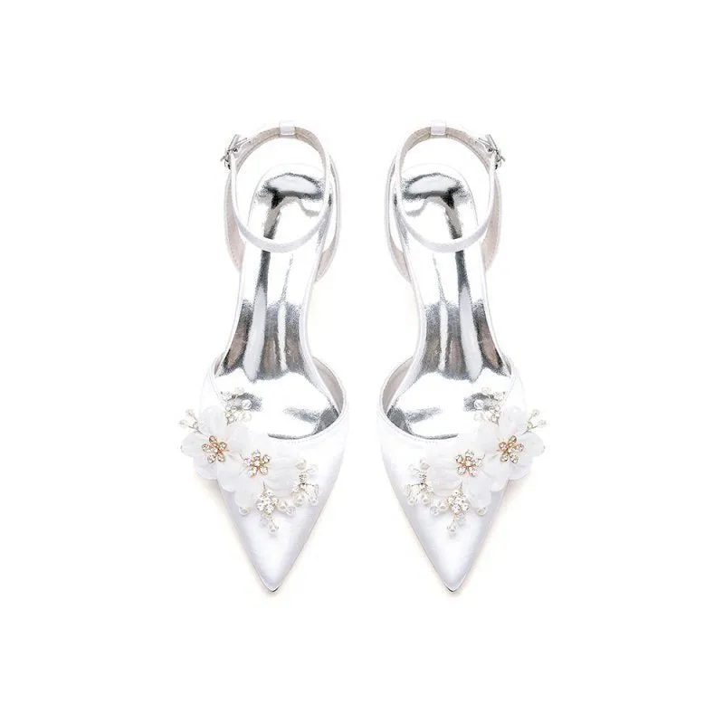 Elegant Ankle Strap Pointed Toe High Heels with Rhinestone Flower