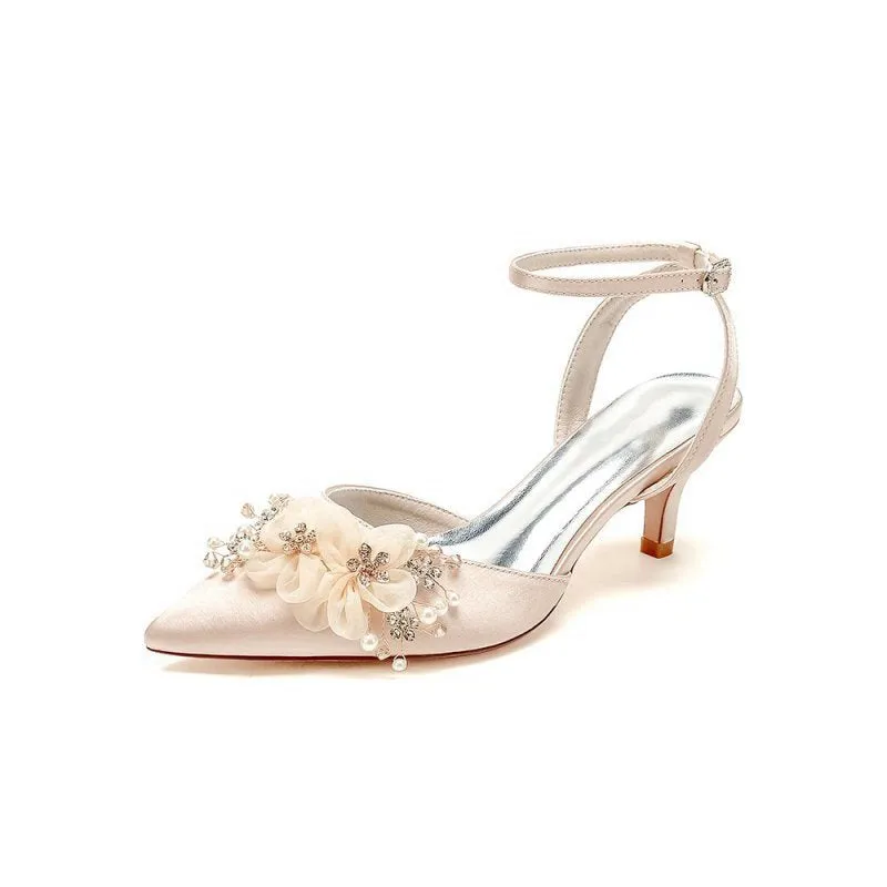 Elegant Ankle Strap Pointed Toe High Heels with Rhinestone Flower