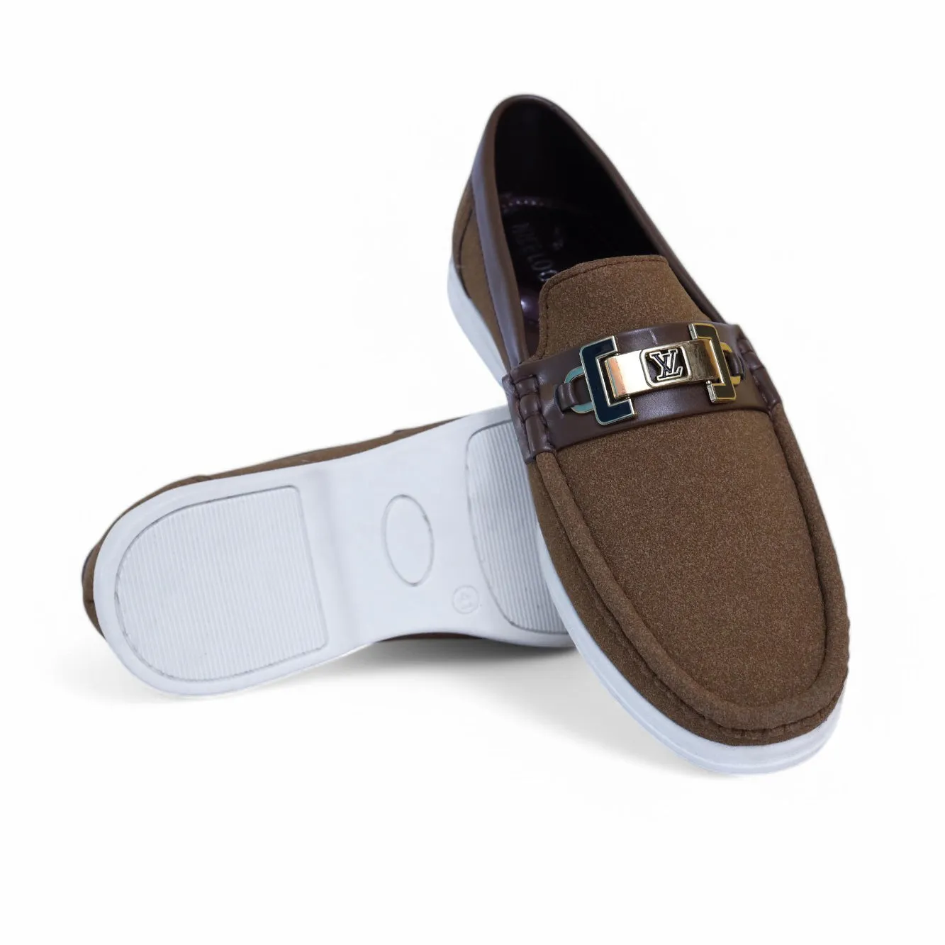 Elegant Brown Suede Loafers – Gold & Black Buckle with White Sole