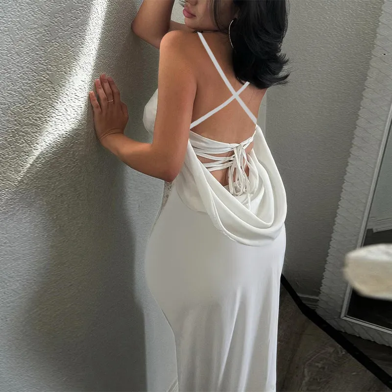 Elegant Lace Patchwork Maxi Dress with Delicate Lace-Up Detail