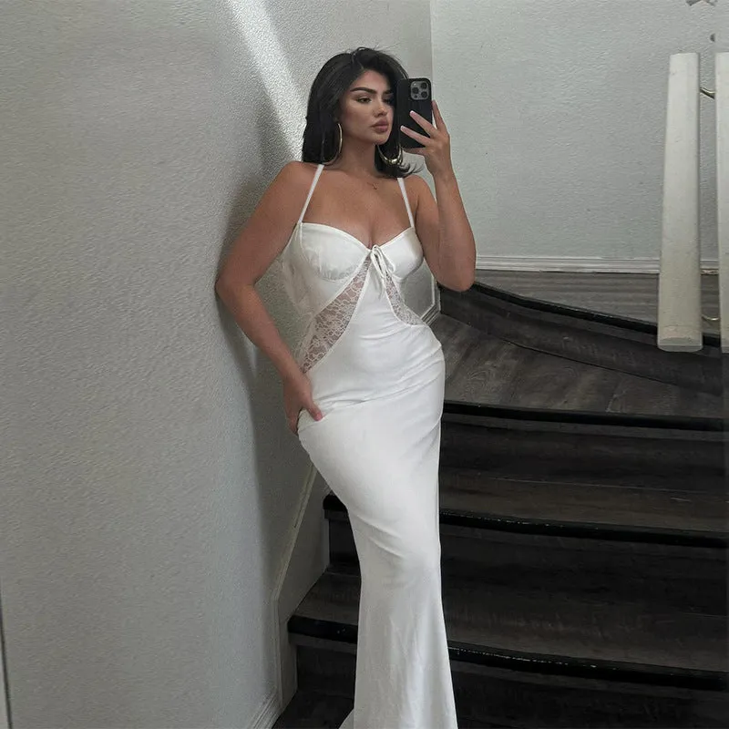 Elegant Lace Patchwork Maxi Dress with Delicate Lace-Up Detail