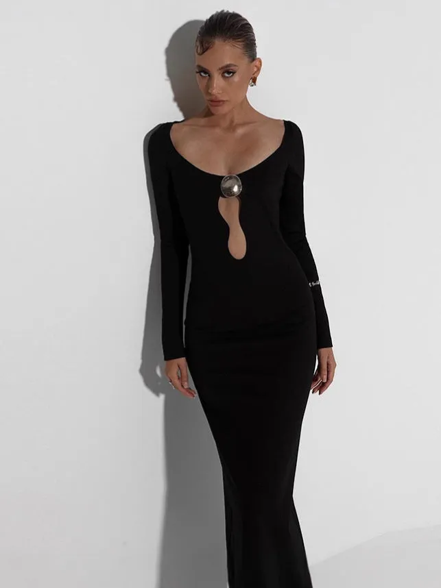 Elegant Long-Sleeve Bodycon Maxi Dress with Mesh Patchwork and Front Split