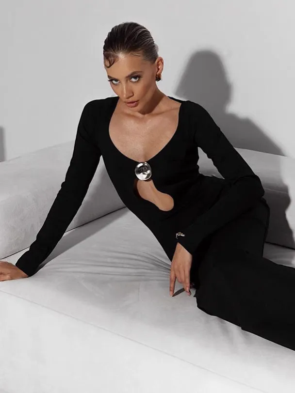 Elegant Long-Sleeve Bodycon Maxi Dress with Mesh Patchwork and Front Split