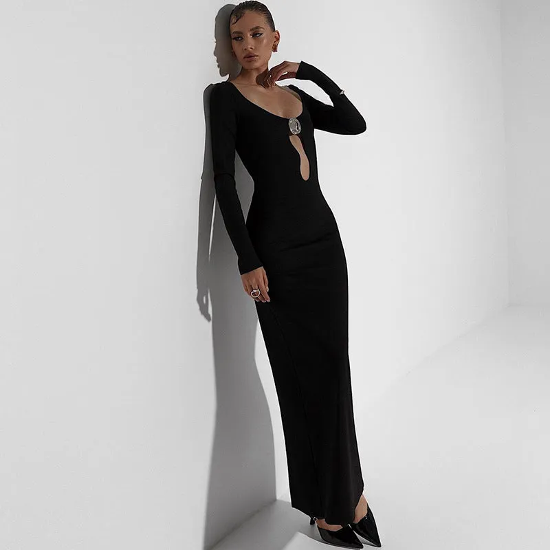 Elegant Long-Sleeve Bodycon Maxi Dress with Mesh Patchwork and Front Split