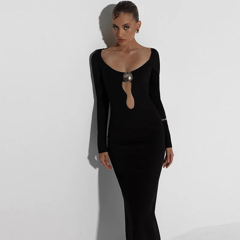 Elegant Long-Sleeve Bodycon Maxi Dress with Mesh Patchwork and Front Split