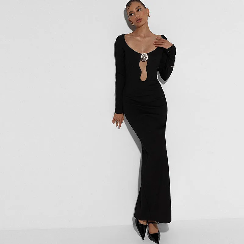 Elegant Long-Sleeve Bodycon Maxi Dress with Mesh Patchwork and Front Split