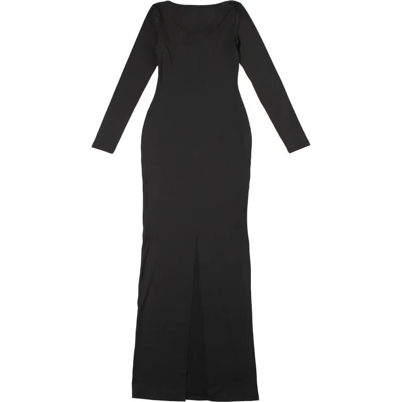 Elegant Long-Sleeve Bodycon Maxi Dress with Mesh Patchwork and Front Split