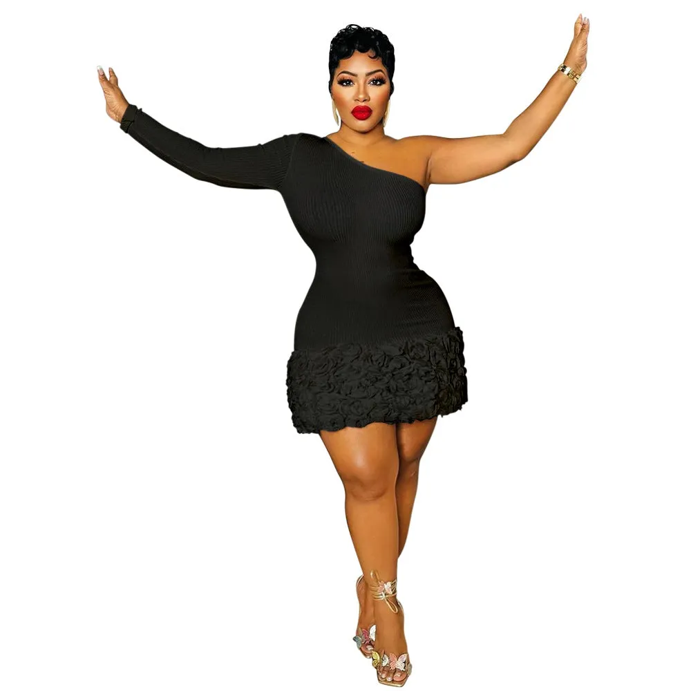 Elegant One-Shoulder Floral Hem Ribbed Bodycon Mini Dress