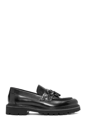 Erkek Siyah Püsküllü Deri Casual Loafer