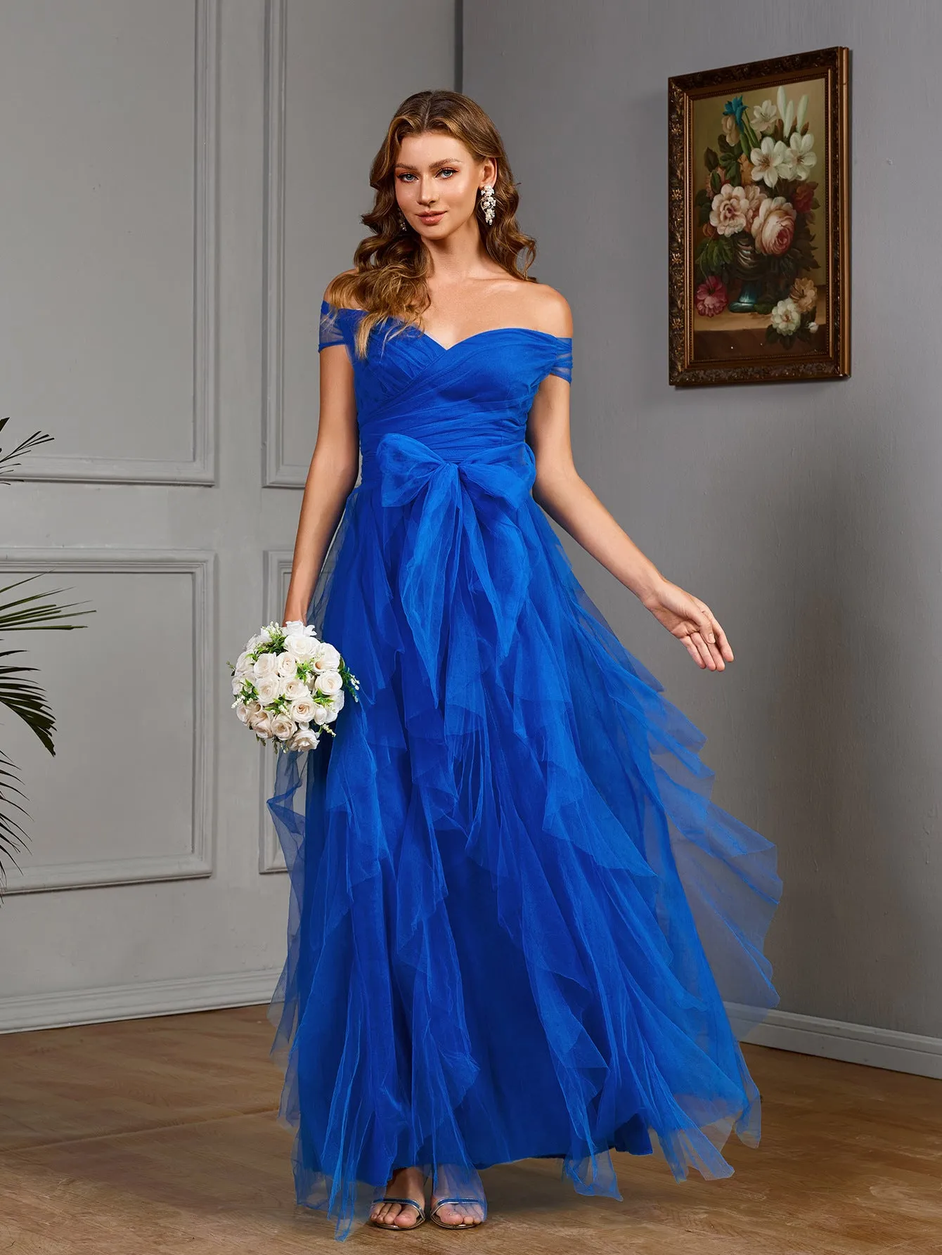 Ethereal Off-Shoulder Mesh Gown With Layered Tulle Skirt