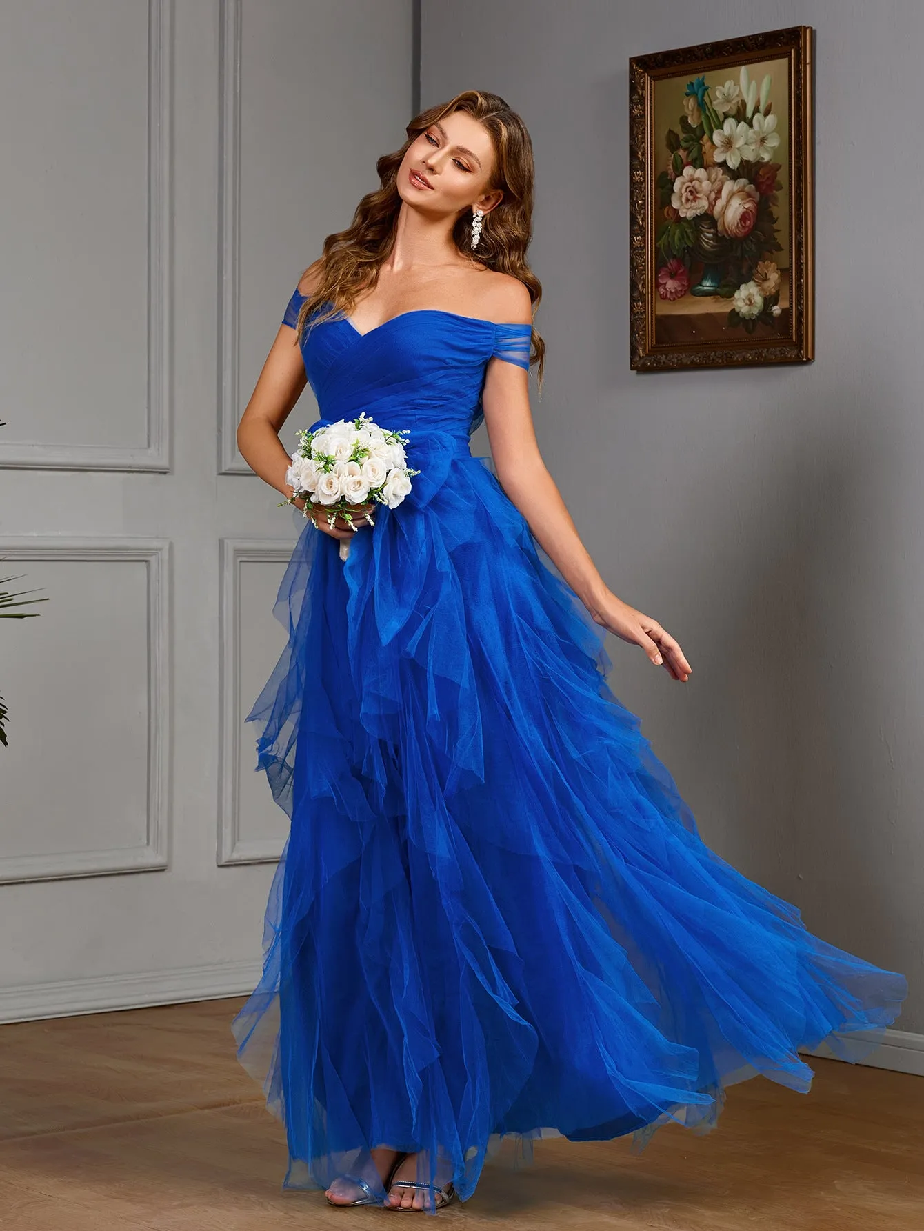 Ethereal Off-Shoulder Mesh Gown With Layered Tulle Skirt