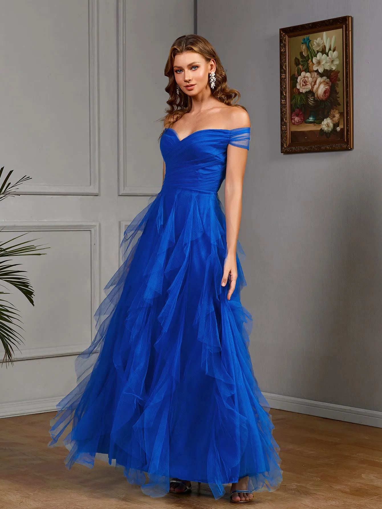 Ethereal Off-Shoulder Mesh Gown With Layered Tulle Skirt