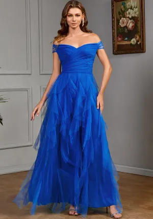 Ethereal Off-Shoulder Mesh Gown With Layered Tulle Skirt