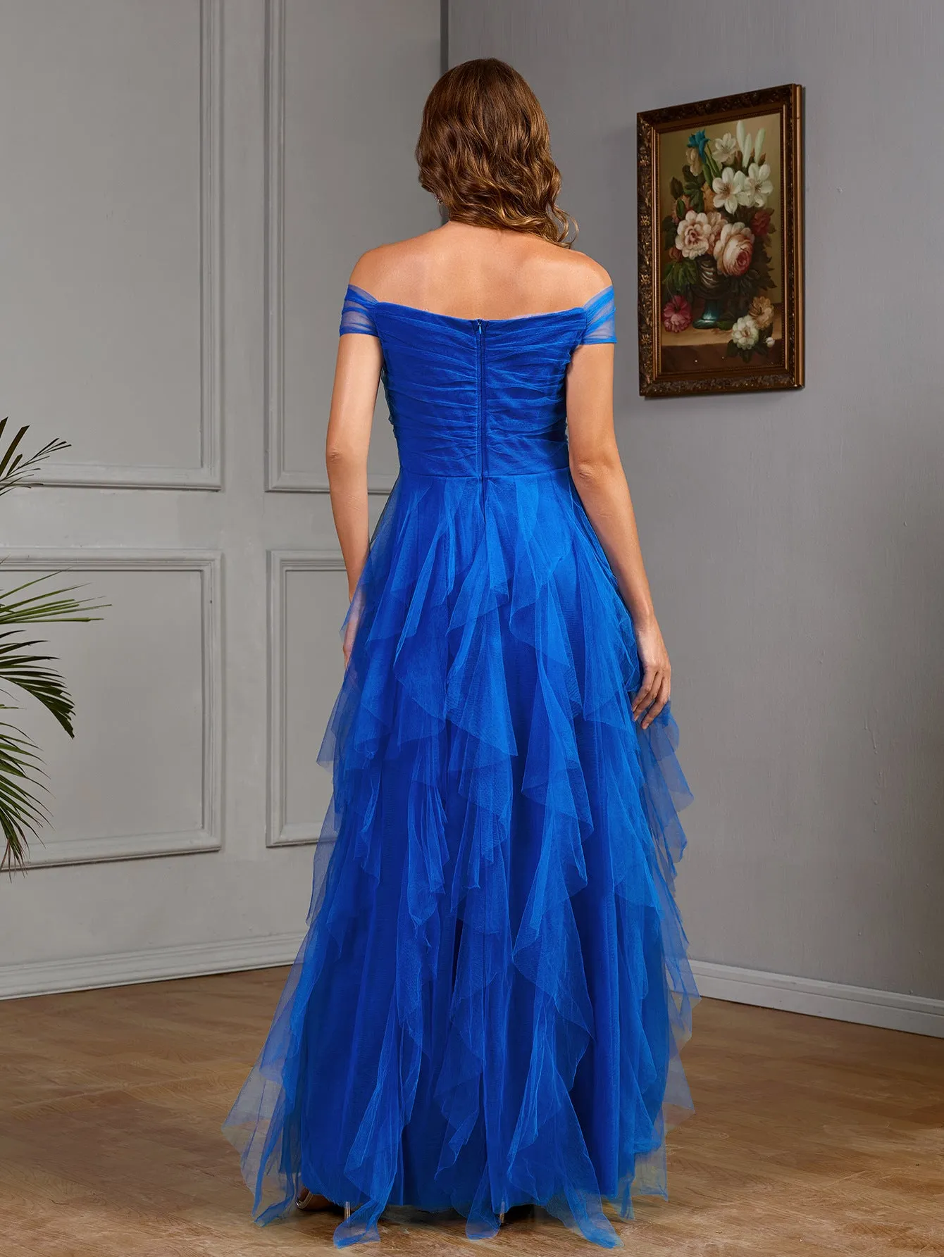 Ethereal Off-Shoulder Mesh Gown With Layered Tulle Skirt