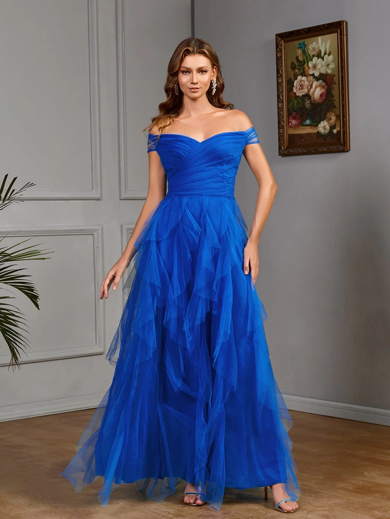 Ethereal Off-Shoulder Mesh Gown With Layered Tulle Skirt