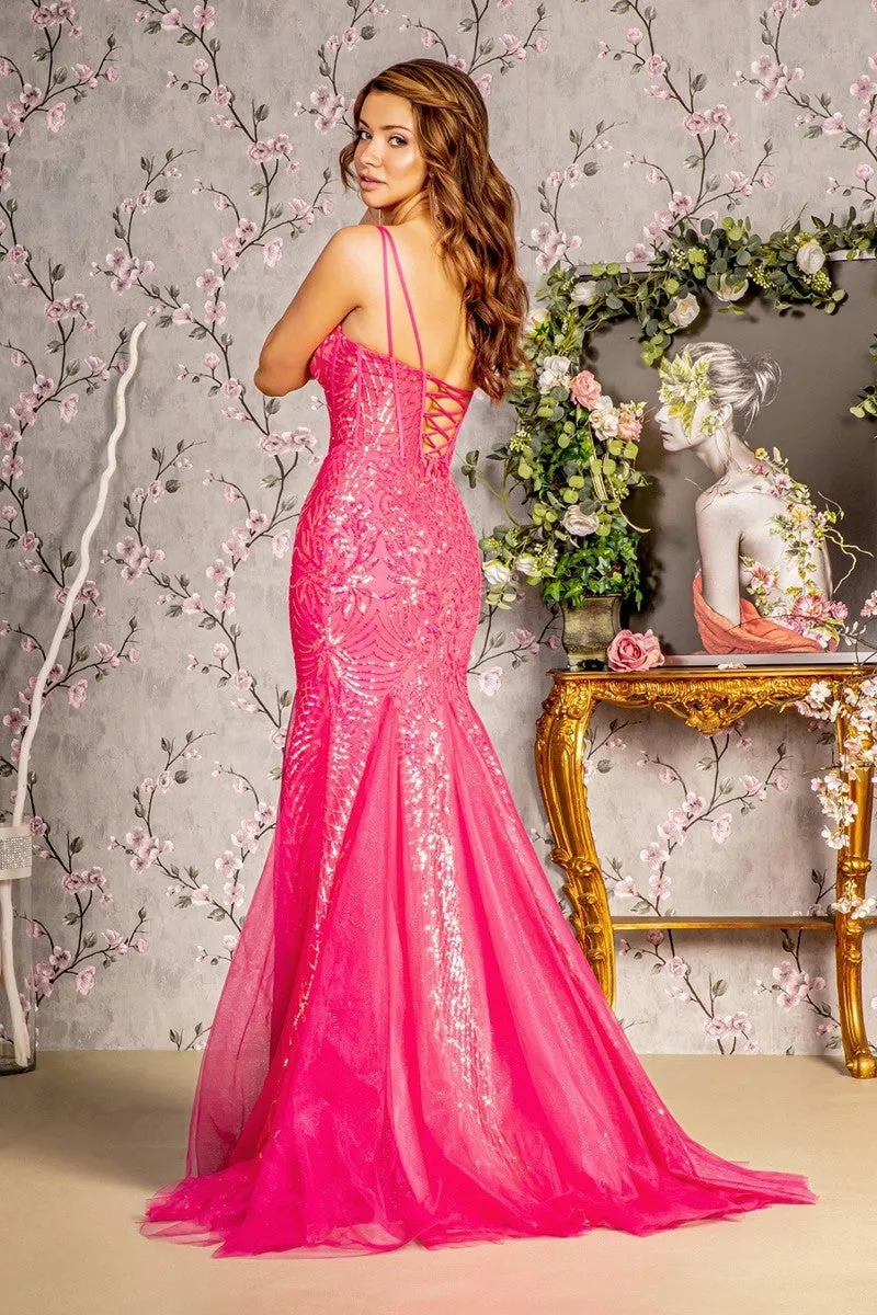 GL 3228 - Sequin Patterned Fit & Flare Prom Gown with Sheer Boned Corset Bodice & Lace Up Corset Back