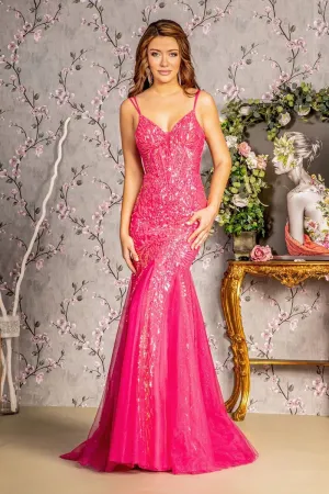 GL 3228 - Sequin Patterned Fit & Flare Prom Gown with Sheer Boned Corset Bodice & Lace Up Corset Back